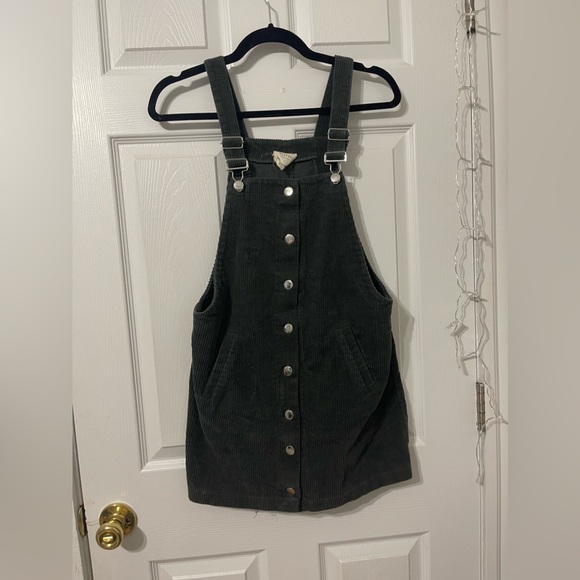 Dark Green Corduroy Overall Dress with Pockets - Picture 1 of 4